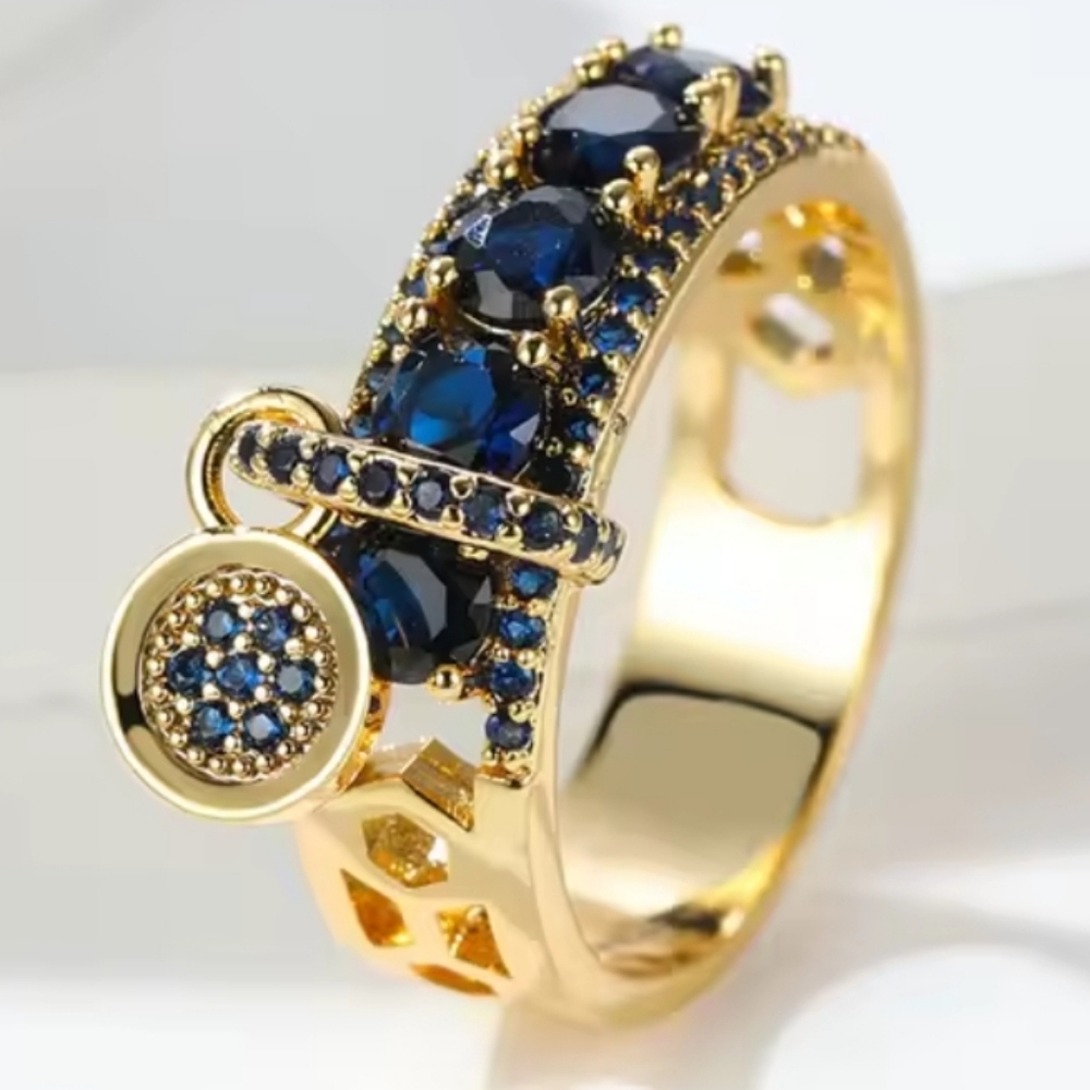 Elegant Golden and Blue Gemstone Ring Sz 8